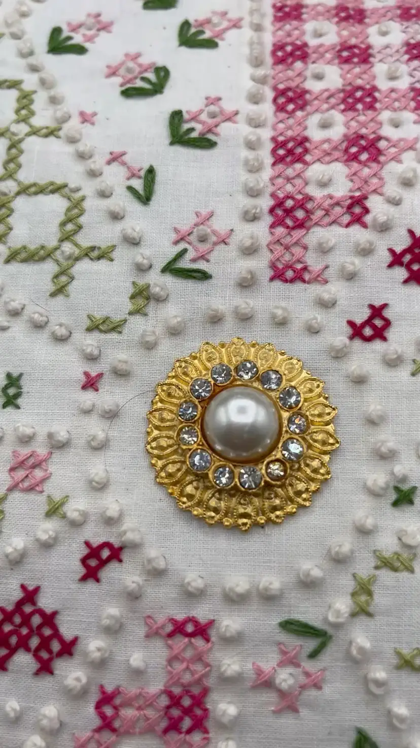 Made By Me Hand Embroidered Pillow Using Vintage Candlewicking Kit 100% Cotton Vintage Gold Tone Button 12 x 12 x 3.5”