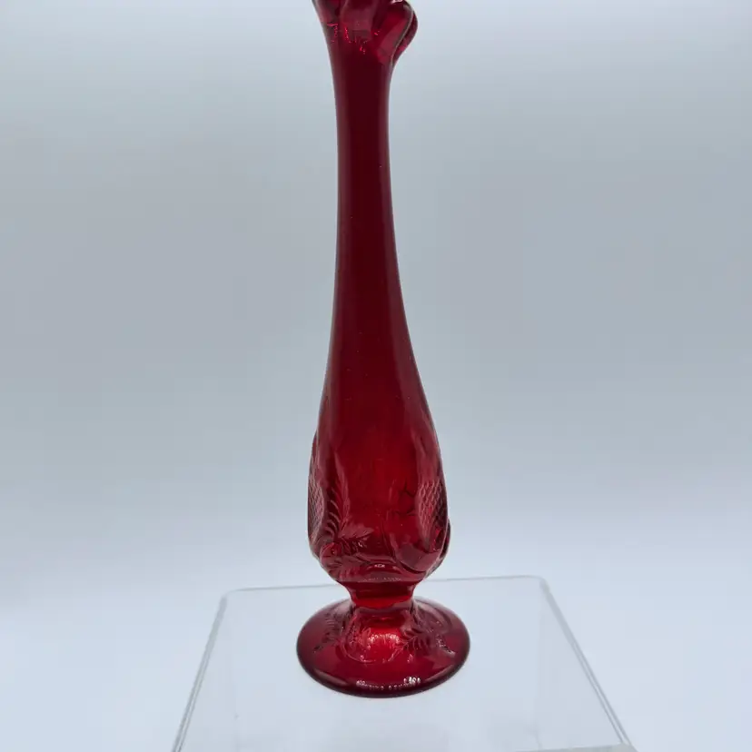 Vintage 7" Fenton "Inverted Strawberry" ruby red swung vase With Original Sticker