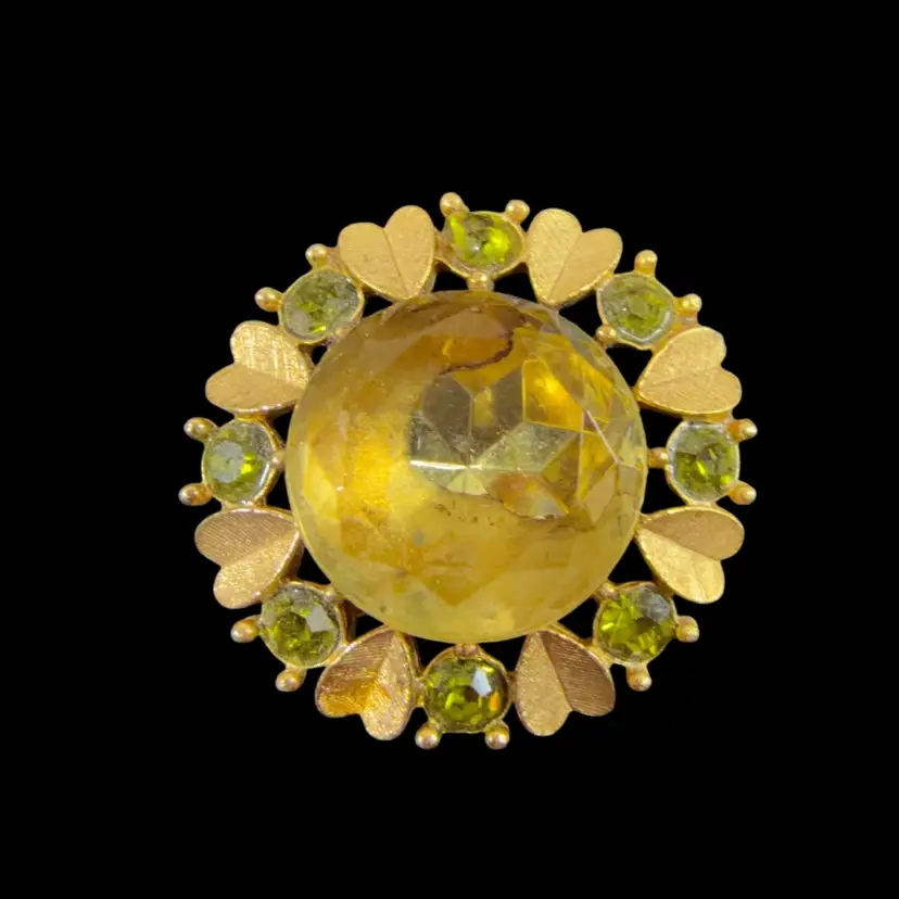 Avon Gold Tone Brooch/Pendant with Green & Yellow Rhinestones 1.25”
