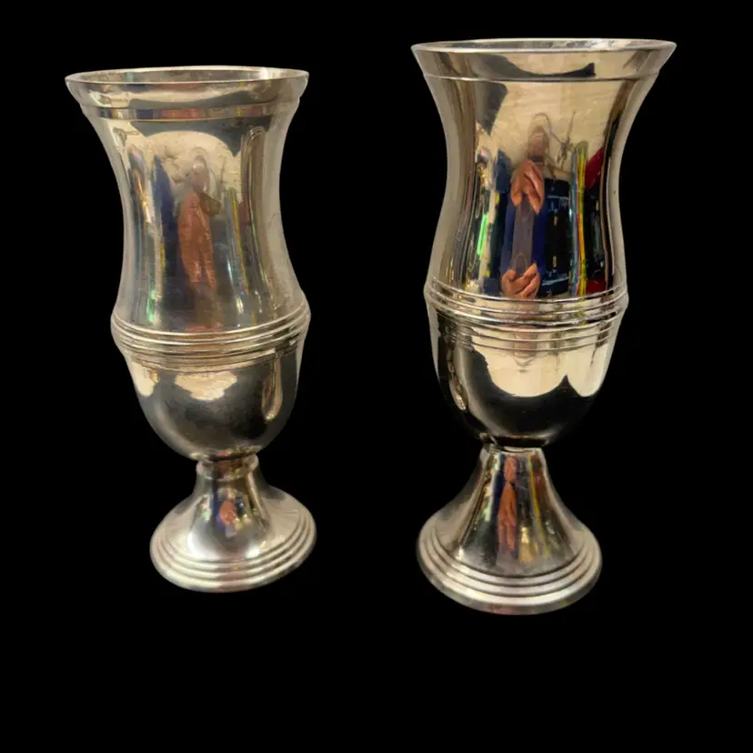 Pair Vintage Two's Company Silver Plated Footed Urn Bud Vases 4.5" & 5" Trophy