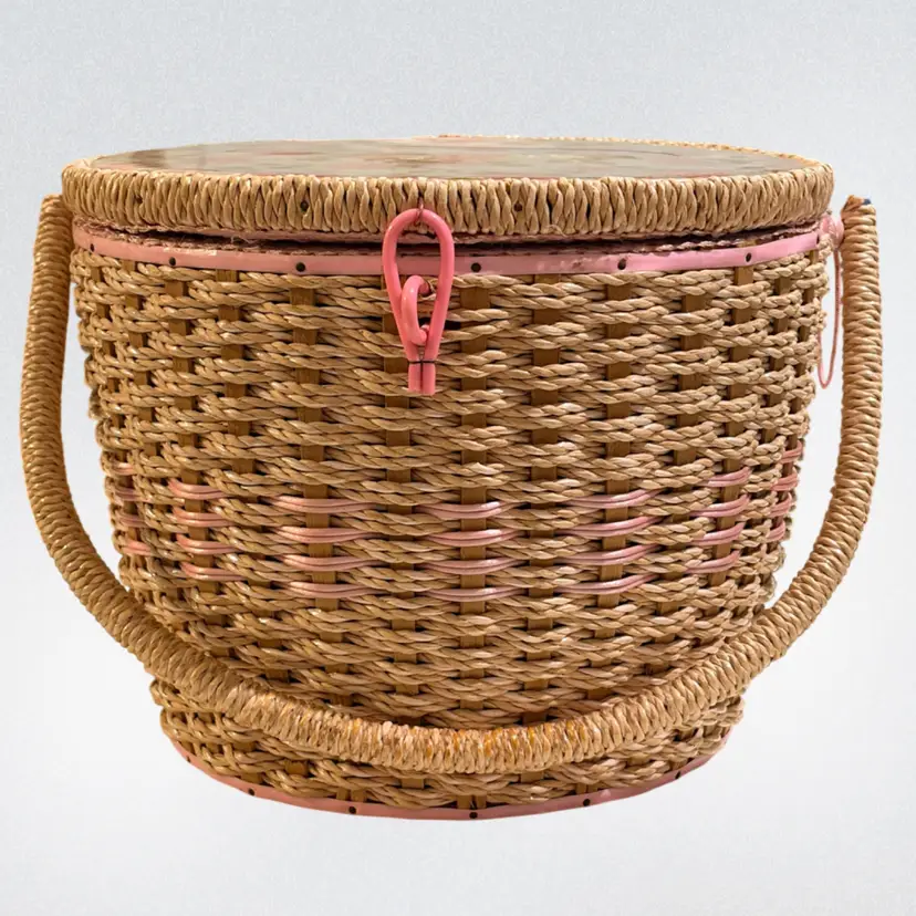 Adorable- Vintage Dritz Woven Wicker Sewing Basket- Pink Satin Liner-  style number 6054  made in Japan 10”W, 7.25” H