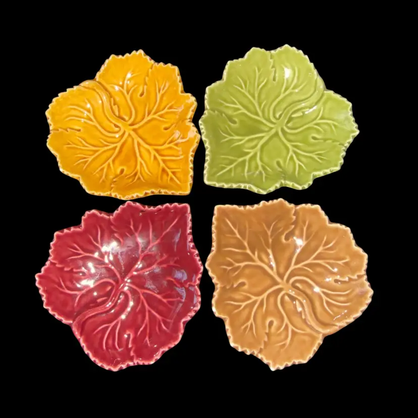 Olfaire Portugal Decorative Art Pottery Maple Leaves Dish, Butter Pats, Cute For Wall. Autumn Set Of 4     3” X 3”