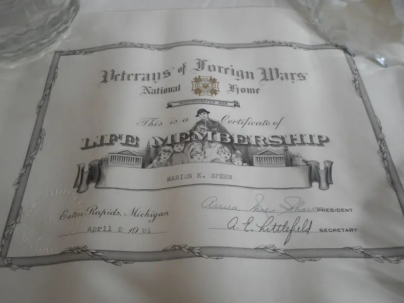 Vintage 1951 Veterans of Foreign Wars Life Membership Certificate 9.5 x 12" Document Ephemera