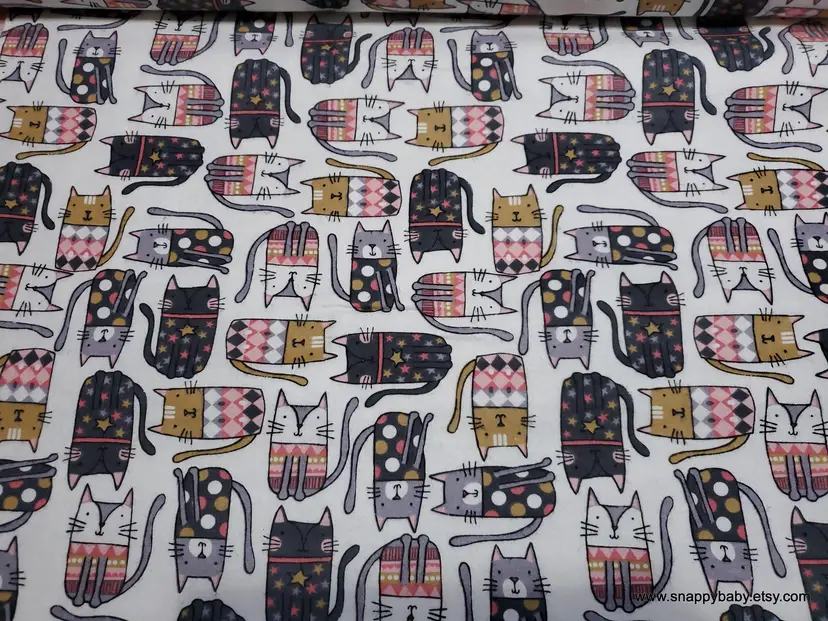 Pattern Trap Cat on White Flannel Fabric Remnant - 100% Cotton - Choose Size - Soft Craft & Quilting Fabric