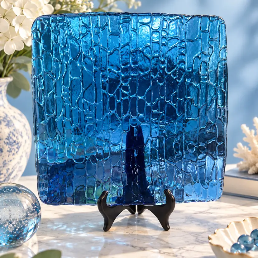 Vintage Cobalt Blue Pressed Glass Square Dish with Textured Pebble Pattern and Wavy Edge - 9” Square