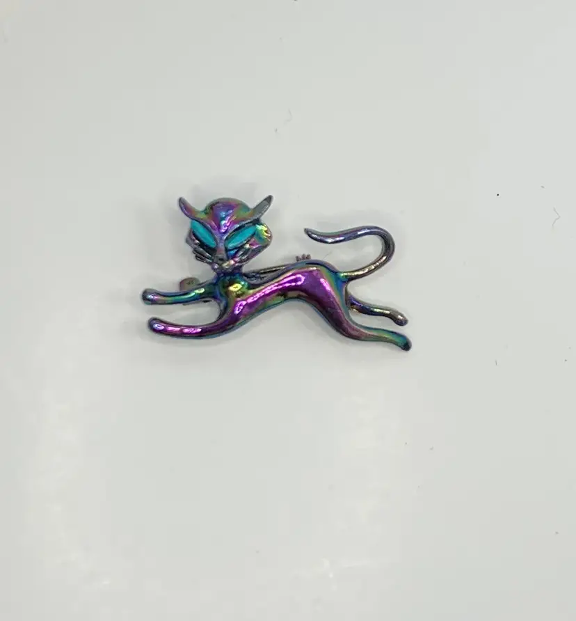 Vintage Witchy Halloween Iridescent Cat Pin Turquoise Eyes Whimsigoth Novelty