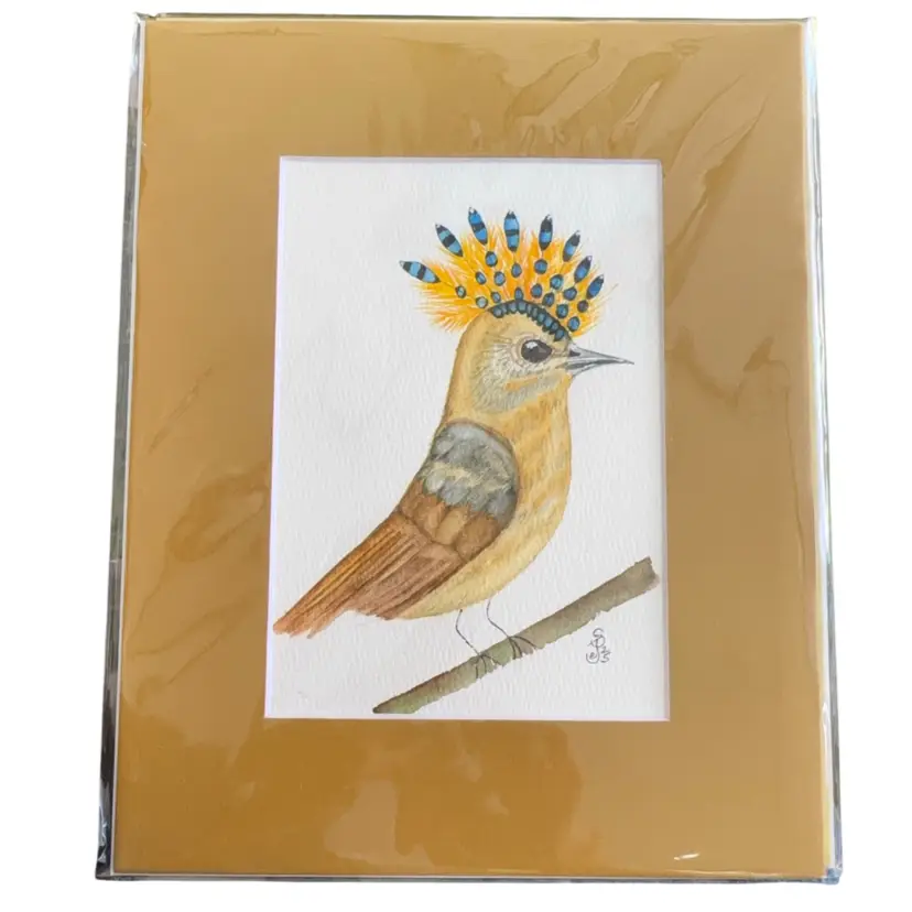 Original Watercolor Fancy Bird 5 X 7” In 8 X 10” Tan Matte