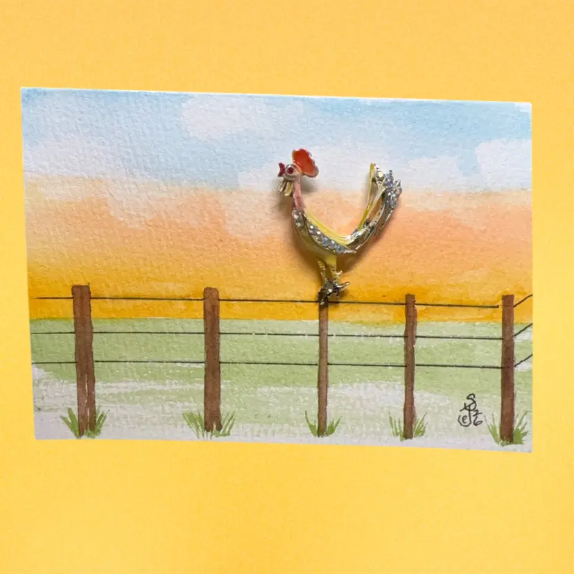 Original Watercolor Card Goid Morning Rooster Brooch 5 X 3.5”