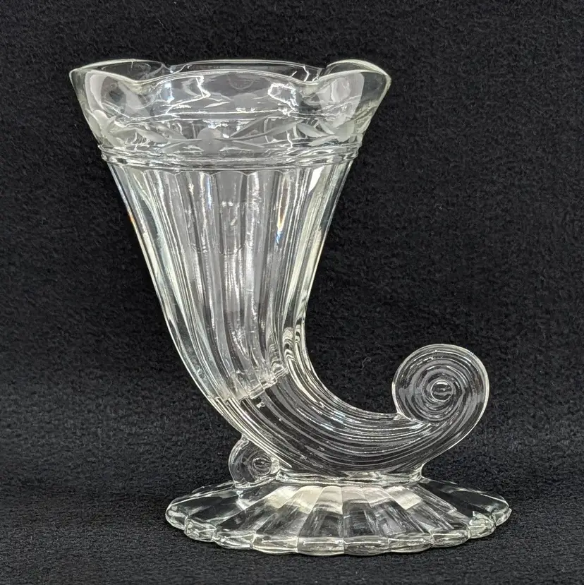 Vintage Jeannette Glass Cornucopia Bud Vase Etched Rim Clear 5" USA Thanksgiving