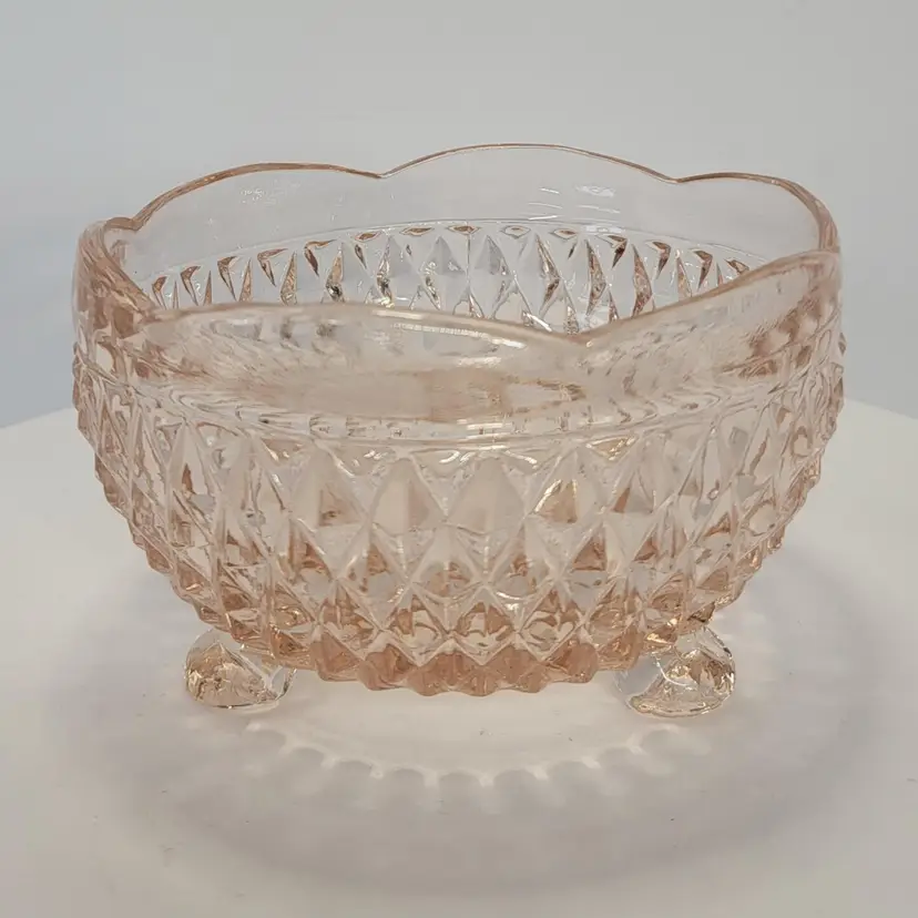 Vintage 1960's Pink Indiana Glass Diamond Point 3-Footed Candy / Trinket Dish Depression Glass Collectable Cottage Core Granny Core