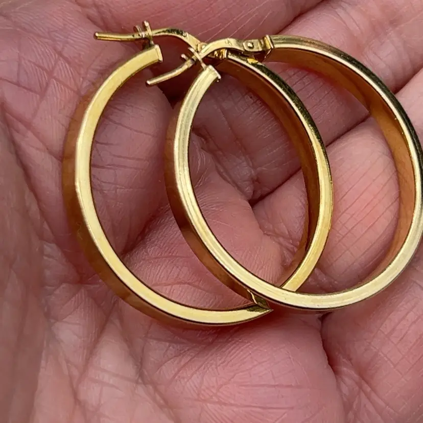 #01 925 Italy Gold Over Sterling Silver Classic Flat Hoop Earrings 1” Timeless