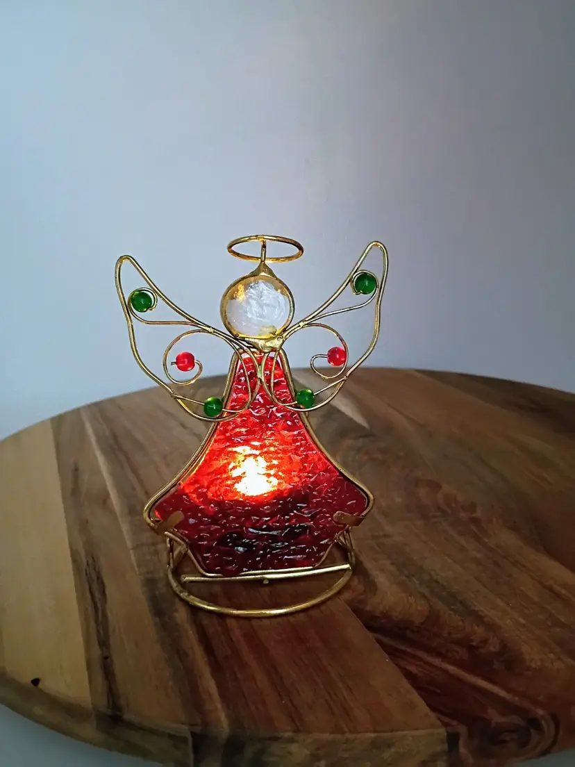 Brass and Textured Red Glass Angel Tealight Candle Holder.