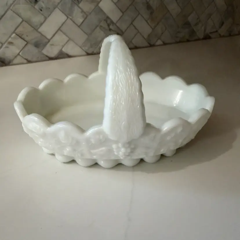 Westmoreland milk glass paneled grape handled basket.