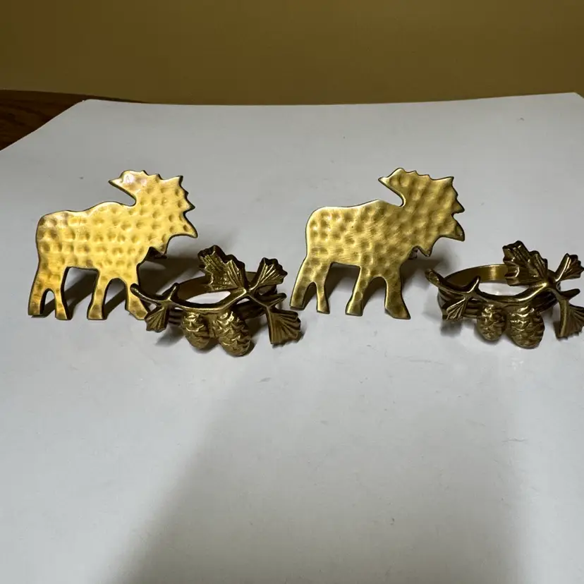 brass moose and pinecone and branch napkin rings set of 4