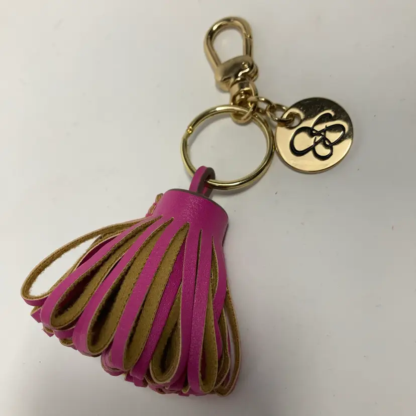 Jessica Simpson Pink and Tan Leather Tassel Bag Charm! Gold Tone Hardware! 5”!