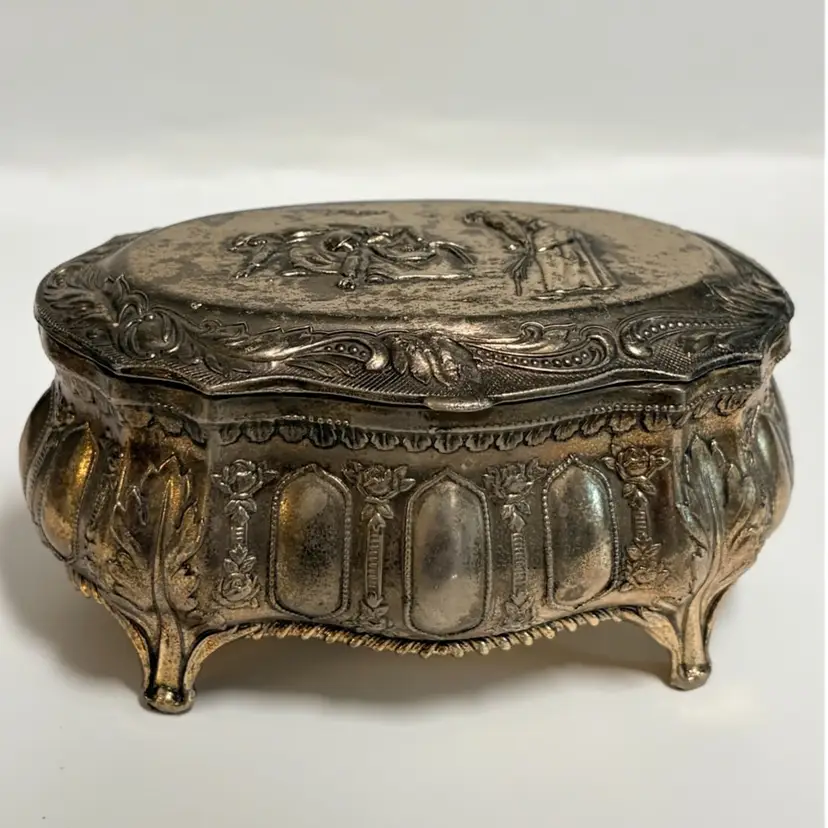 Mid Century- Japanese -Ornate Silver Plate- Casket/Trinket Box- Footed-Repousse Relief: Harvesting-  4.5”x 3.5”x 2”- Red Velvet Lined
