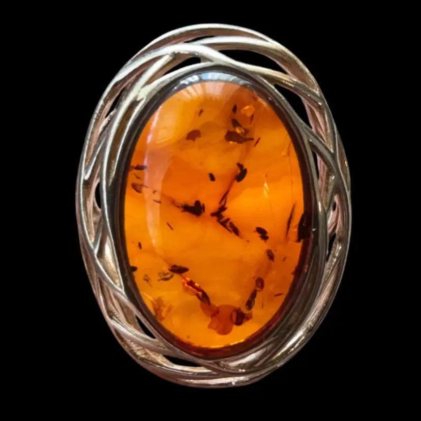 Sterling Silver Baltic Amber Cabochon Ring Elevated Entwined Setting Size 7, 4.4g
