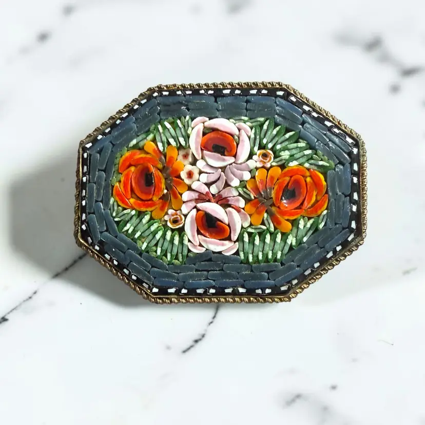 Antique Victorian- Edwardian Micro Mosaic Rose Octagon Brooch - 1.75” x 1.25” C-clasp Kickstand Hinge ca. 1890-1910