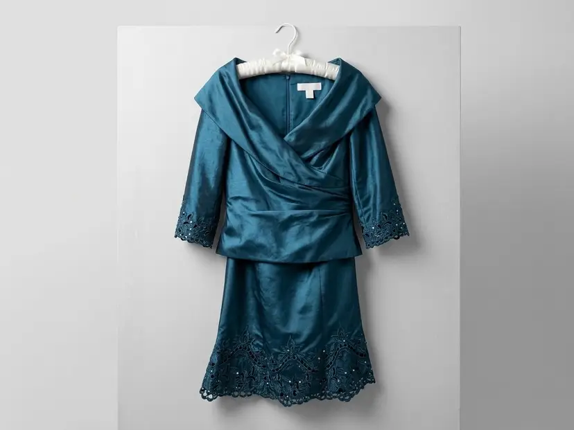 Elegant Teal Satin Dress with Lace Details