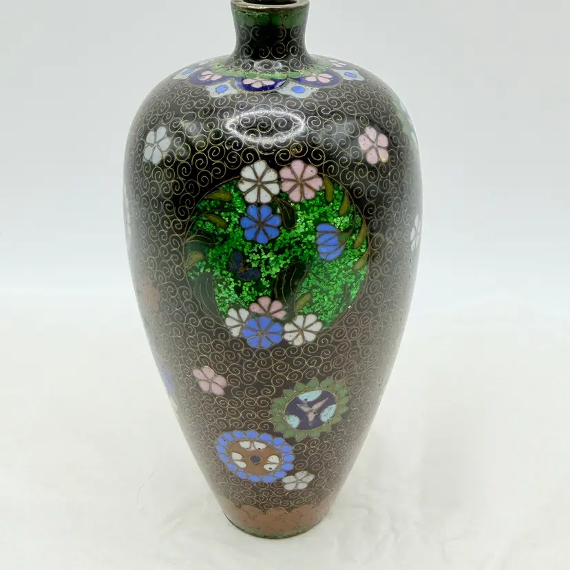 5” Antique Japanese Meiji Cloisonne Enamel Ginbari Floral Butterfly Bud Vase