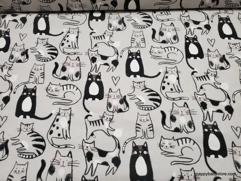 Sketched Kitty on Gray Flannel Fabric Remnant - 100% Cotton - Choose Size - Soft Craft & Quilting Fabric