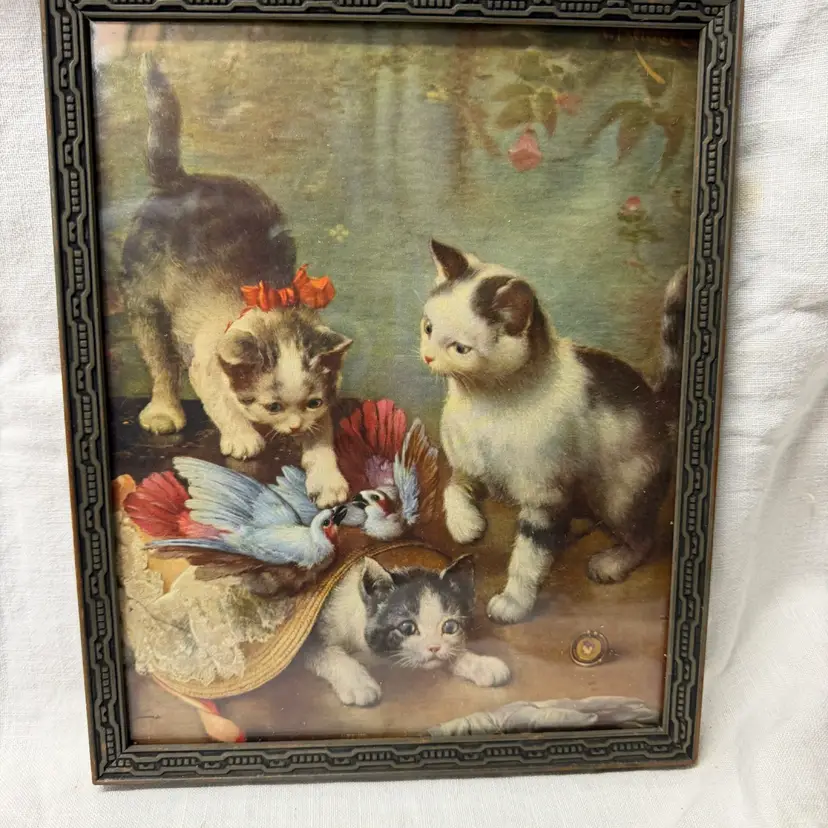 Vintage Mischievous Kittens Framed Print B.C. Reichert German Victorian 8.5”X10.5”