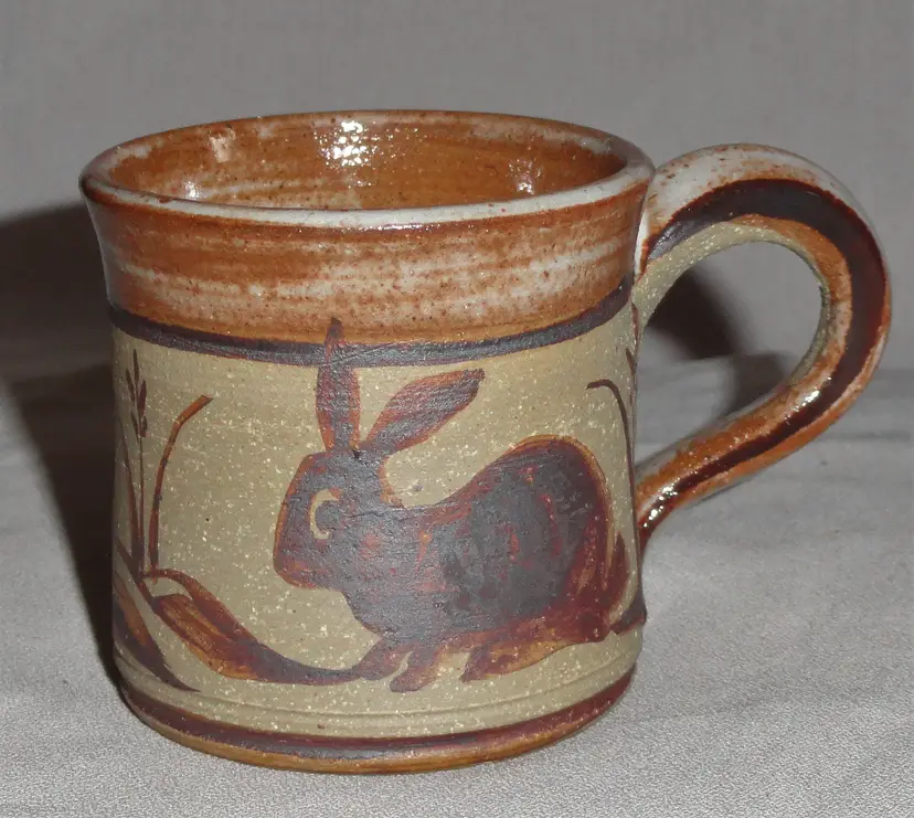 Folk Art Miniature Cup/Mug ~ Folk Art Pottery ~ Bunny Rabbit ~ Unglazed Outside