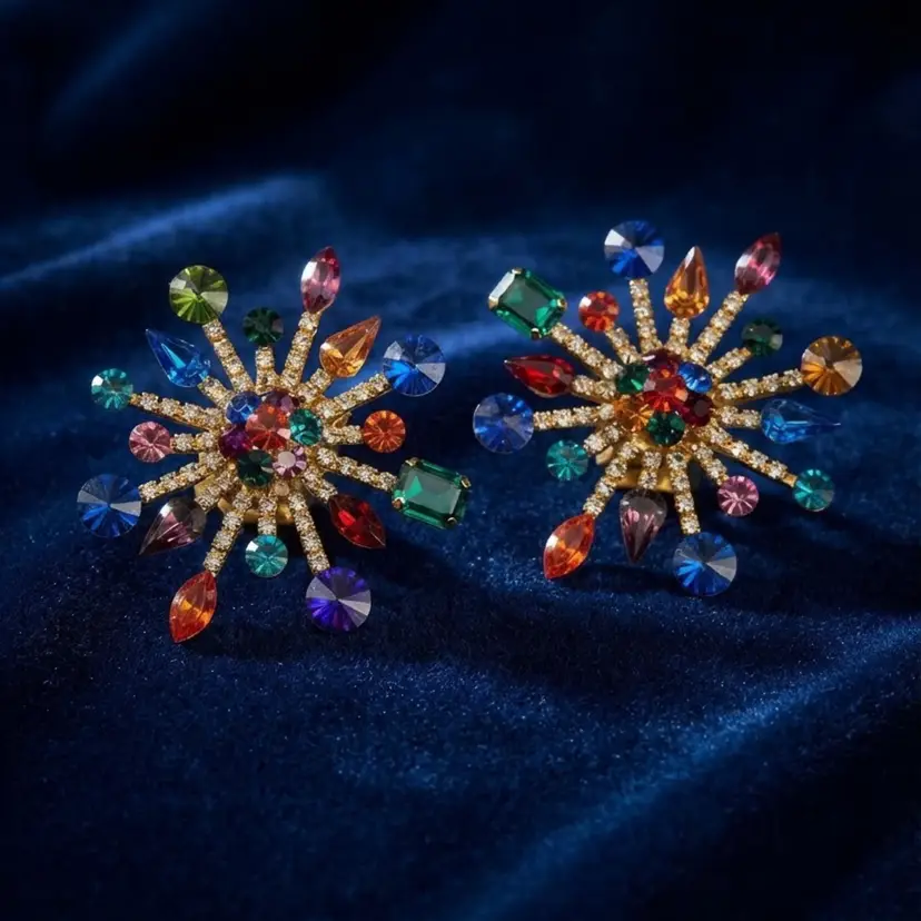 tle
Vintage Gold-Tone Multi-Color Rhinestone Starburst Sunburst Clip-On Earrings