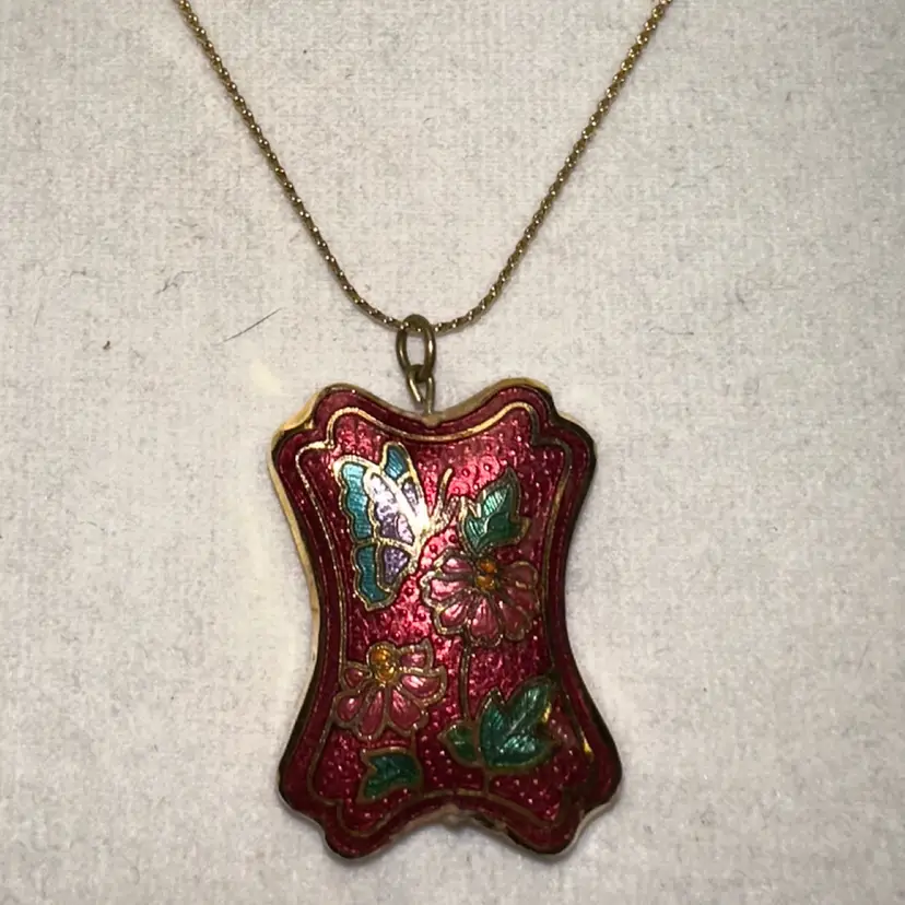 Cloisonne Double Sided Butterfly On Flowers Gold Tone Necklace Drop 18.5”