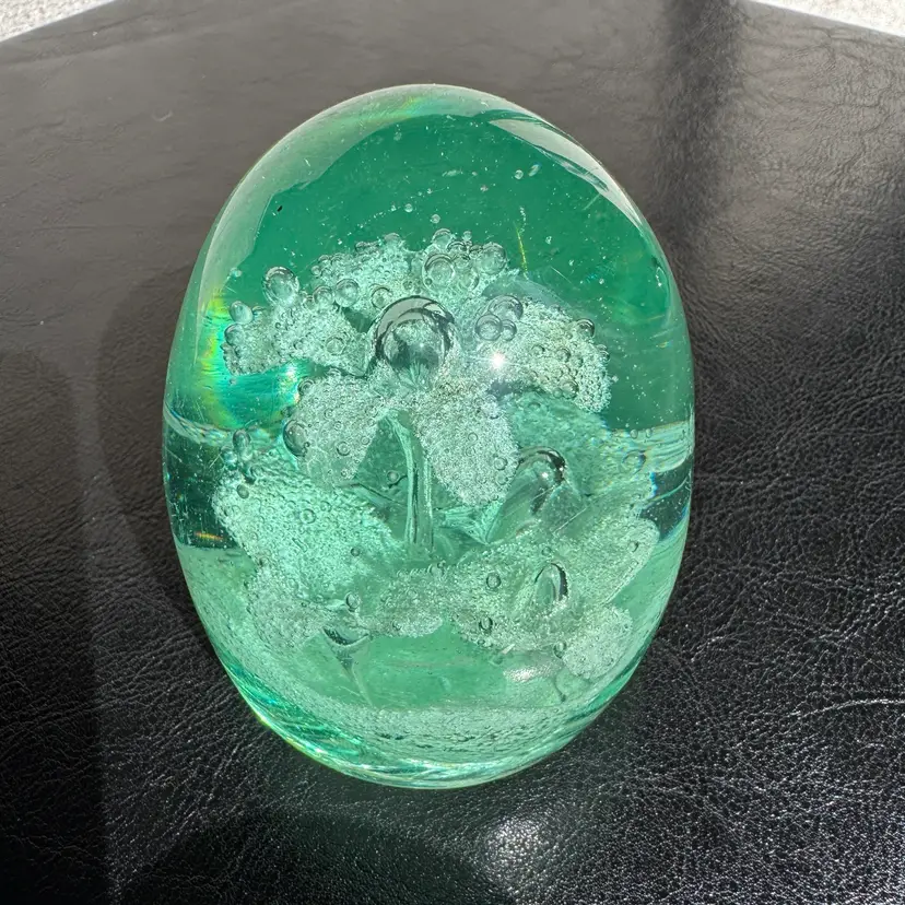 #0071 A Pastel Green studio glass floral bubble paperweight.