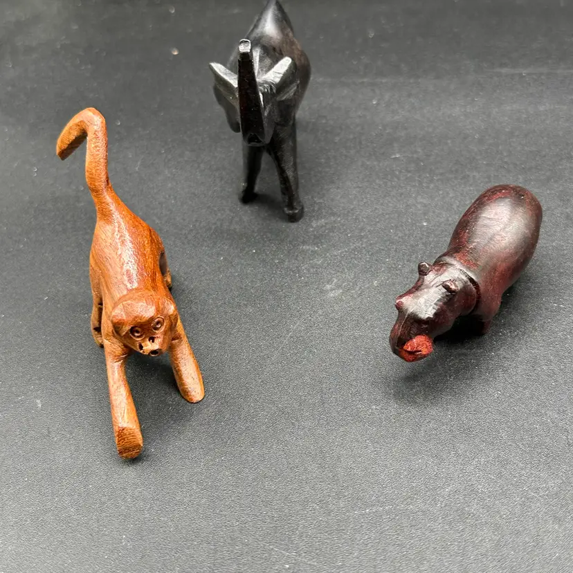 Vintage African Carved Wild Animals Signed Monkey Hippo Elephant