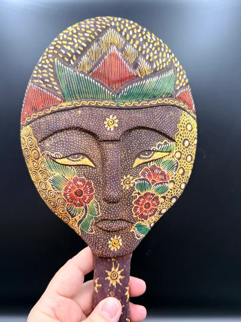 Vintage Balinese Bali Java Hand Carved Batik Wood Large Hand Mirror Dots Face