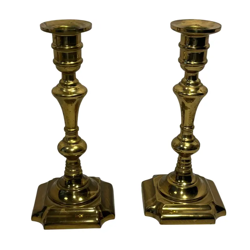 Solid Brass Candlestick Holders Square Base, Mid-Century Style Set of 2 | 7.5”
