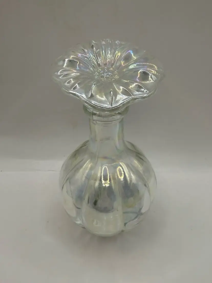 Iridescent Cotton Candy Glass Perfume Bottle With Flower Stopper 6.5” READ