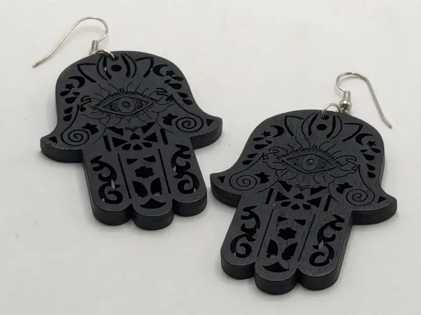 Black Hamsa Hand Wood Pierced Earrings