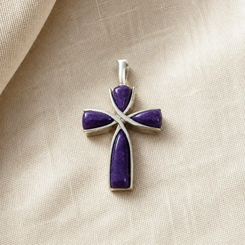 Vtg CCO Coleman Sterling Silver Charoite Cross Pendant w/ 4 Deep Purple, 1.5"
