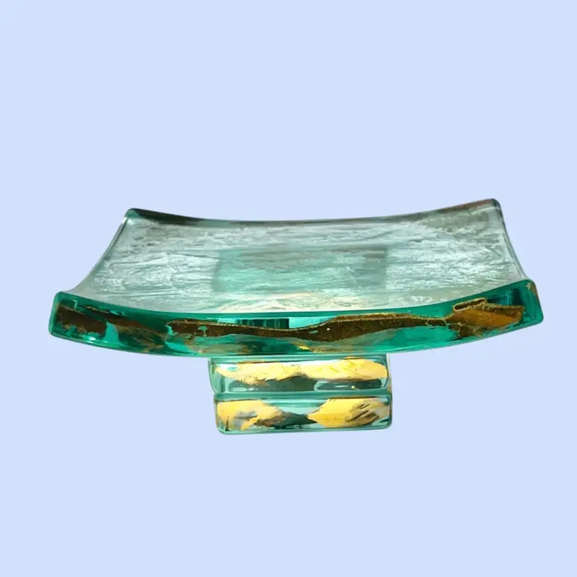 #056- Annie Glass Roman Green Art Glass Footed Pedestal Plate square Bent Design Hand Painted 24k Gold Leaf Accents