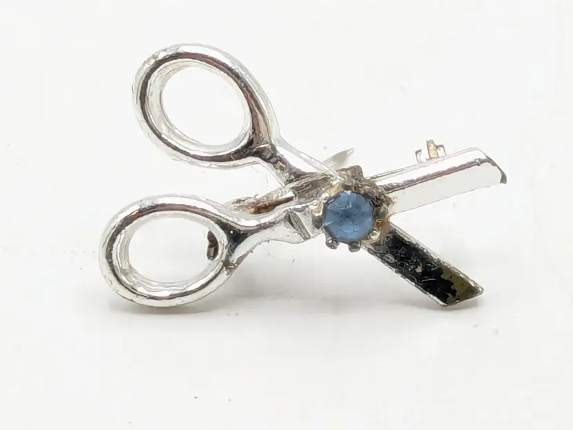 Vintage Silver Tone Scissor Brooch with Blue Rhinestone READ