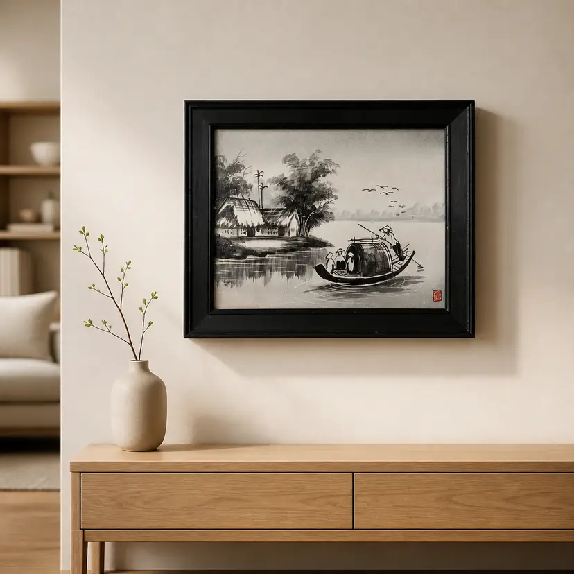 Framed Original Vietnamese Black & White Painting of Classic Rural River Village Scene, 12" x 10"