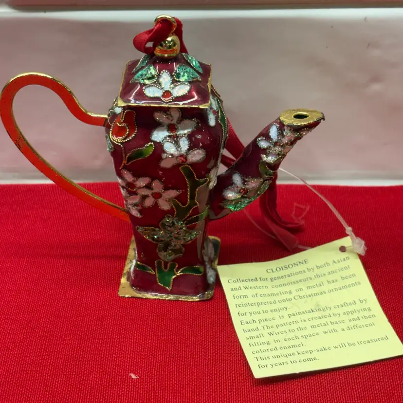 Vtg Cloisonné Teapot Christmas Ornament - Red Floral Enamel - w/ Tag & Ribbon