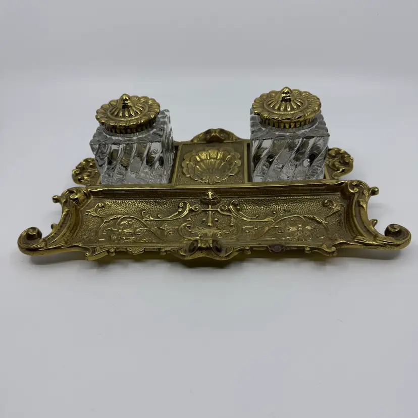 Vintage Ornate Double Crystal Glass & Brass Inkwell Shell Design 11.25 x 6.75”