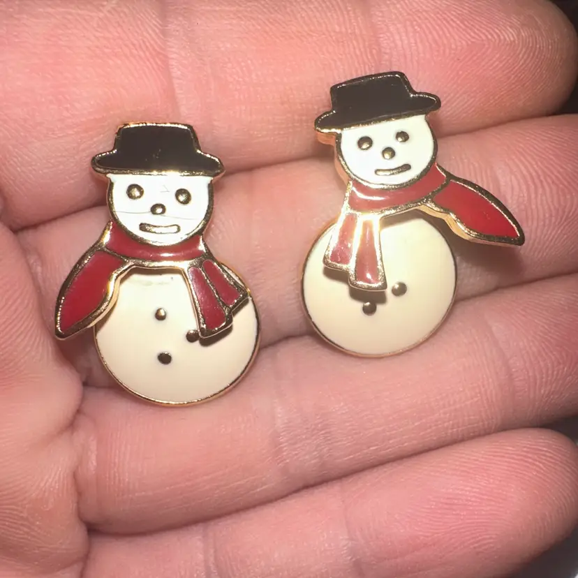 Gold Tone Enamel Snowman Articulated Pierced Earrings