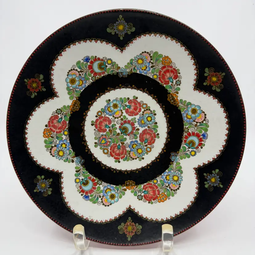 Email Steinbock Austria Hand Painted Enamel Decorative Plate Florals On Black