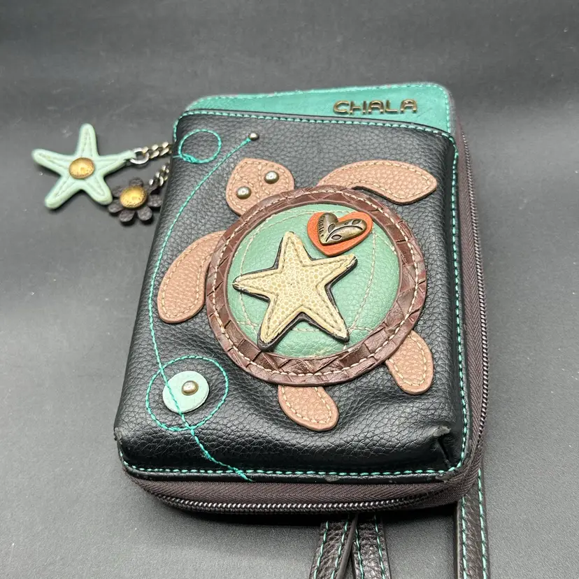 Chala Sea Turtle Faux Leather Wallet Crossbody Bag Black