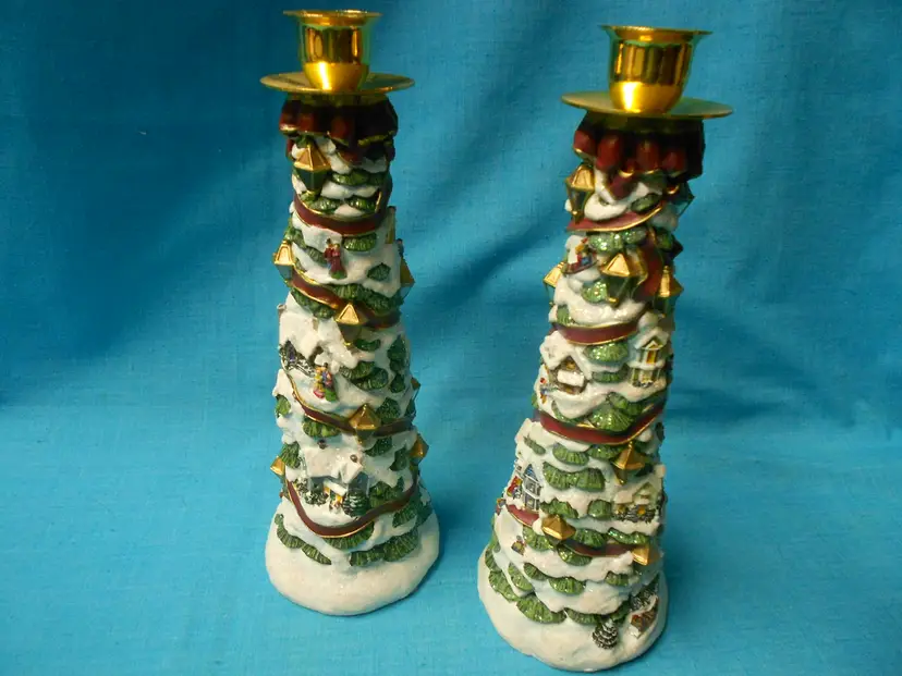 Vtg Pair Cedar Creek Collection Christmas Tree Candle Holder Intricate Snowy Details Gold Accents