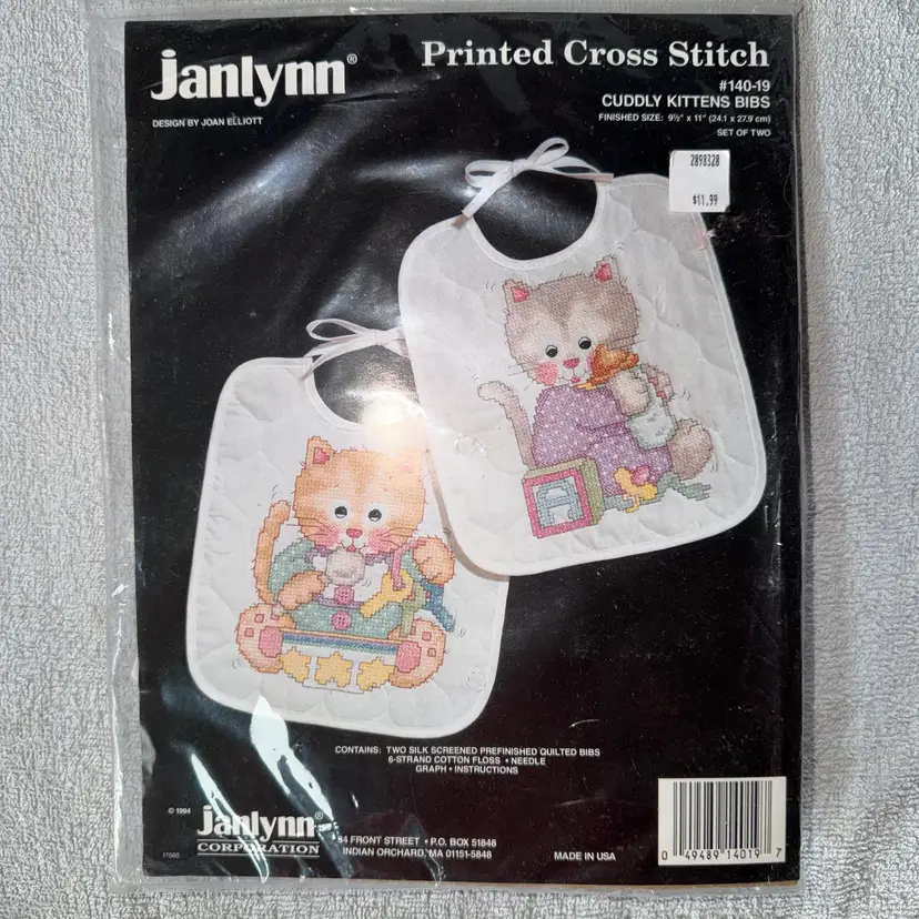 NOS Vintage 1994 Janlynn Printed Cross Stitch Kit Cuddly Kittens Baby Bibs