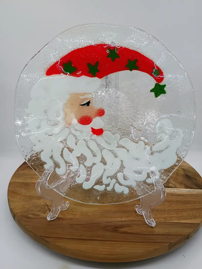 Folio Art Glass Signed Fused Glass Santa Head Cookie Plate Shallow Bowl 10 in