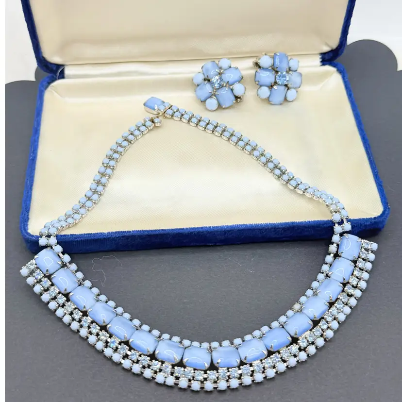 Vintage Set Of Poured Glass & Blue Rhinestone Costume Jewelry Necklace & Earrings