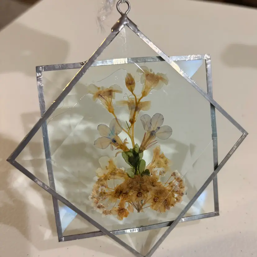 RR Lasting Impressions- Vtg.  Pressed Dried Flower Stained Glass Sun Catcher Star- 4.5” Original Tags