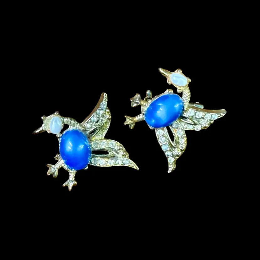 Vintage PAIR Blue Jelly Belly Bird Brooches, Gold Tone, 2 PC, READ